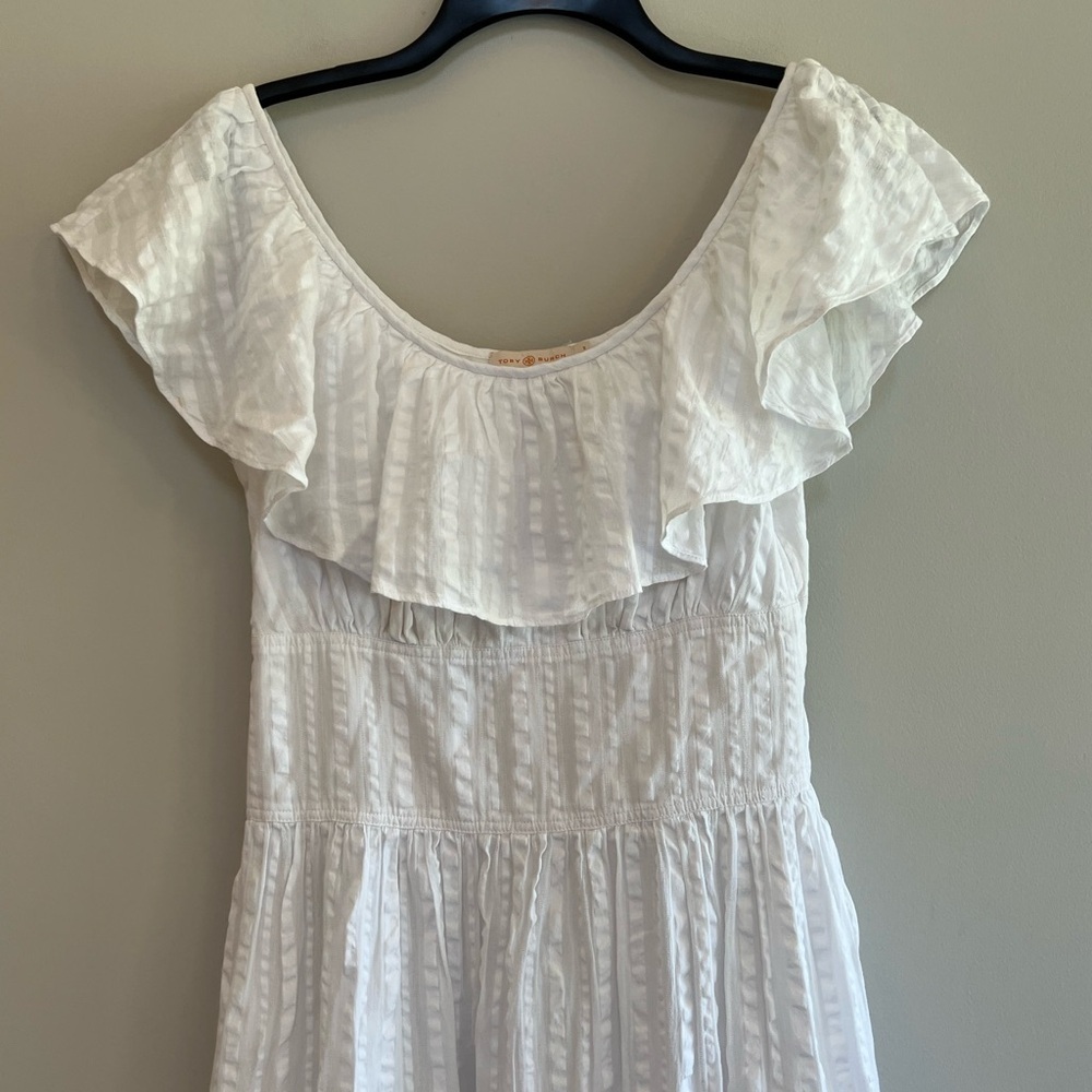 Tory Burch Off Shoulder White Cotton Seersucker Striped Ruffle Dress, size 2 - Picture 4 of 13